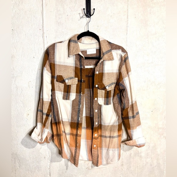 Panache Apparel “Until Sundown” Ivory and Brown Button Down Flannel - Picture 3 of 9